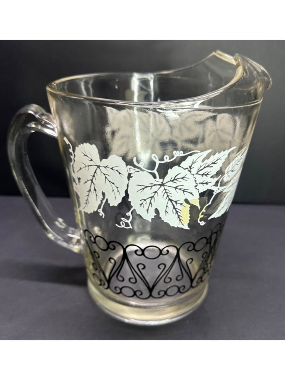 Vtg Bartlett Collin's Style Glass Pitcher Etched Grapevine Design 8.25" Tall